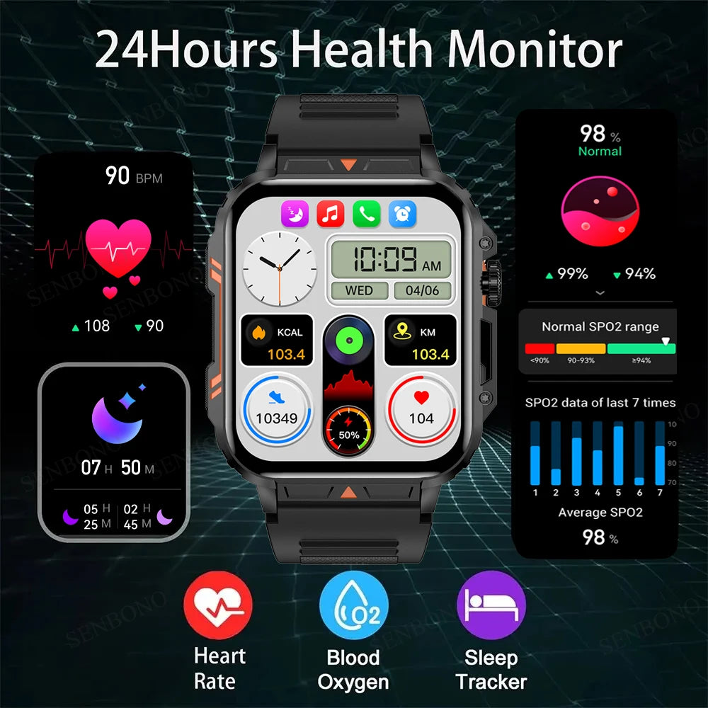 Military Men Smart Watch Bluetooth Call 24/7 Heart Rate