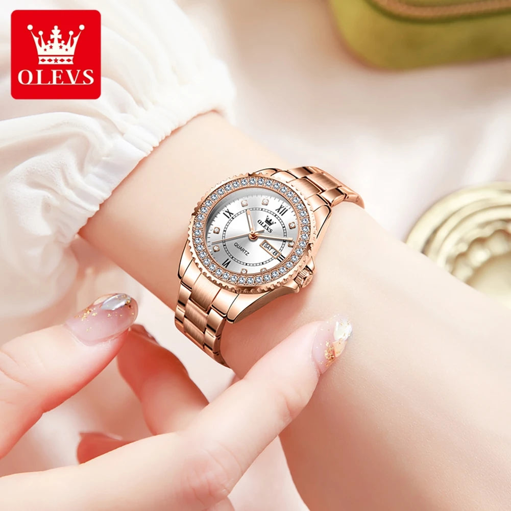 Diamond Quartz Watch for Women Stainless Steel Waterproof Luminous