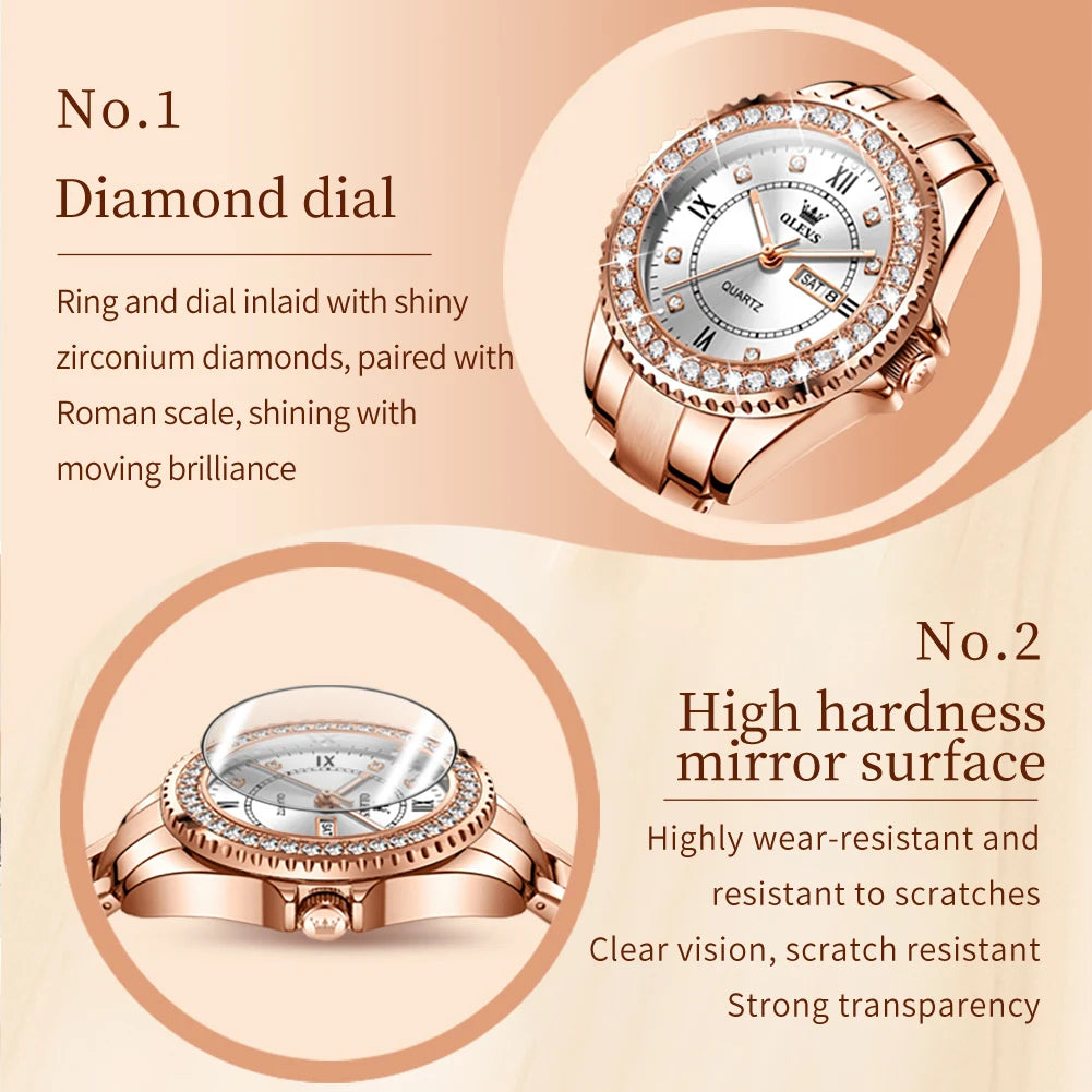 Diamond Quartz Watch for Women Stainless Steel Waterproof Luminous