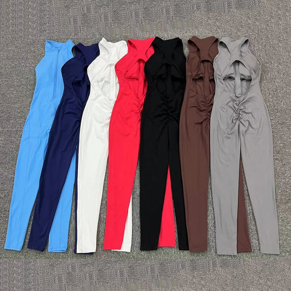 Deep V Women Tracksuit Yoga Set One Piece Jumpsuit