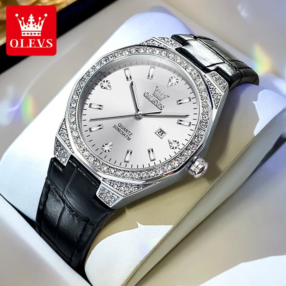 Women's Watches Pink Leather Strap Waterproof Full Diamond