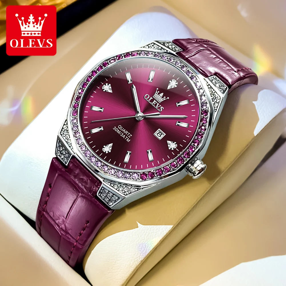 Women's Watches Pink Leather Strap Waterproof Full Diamond