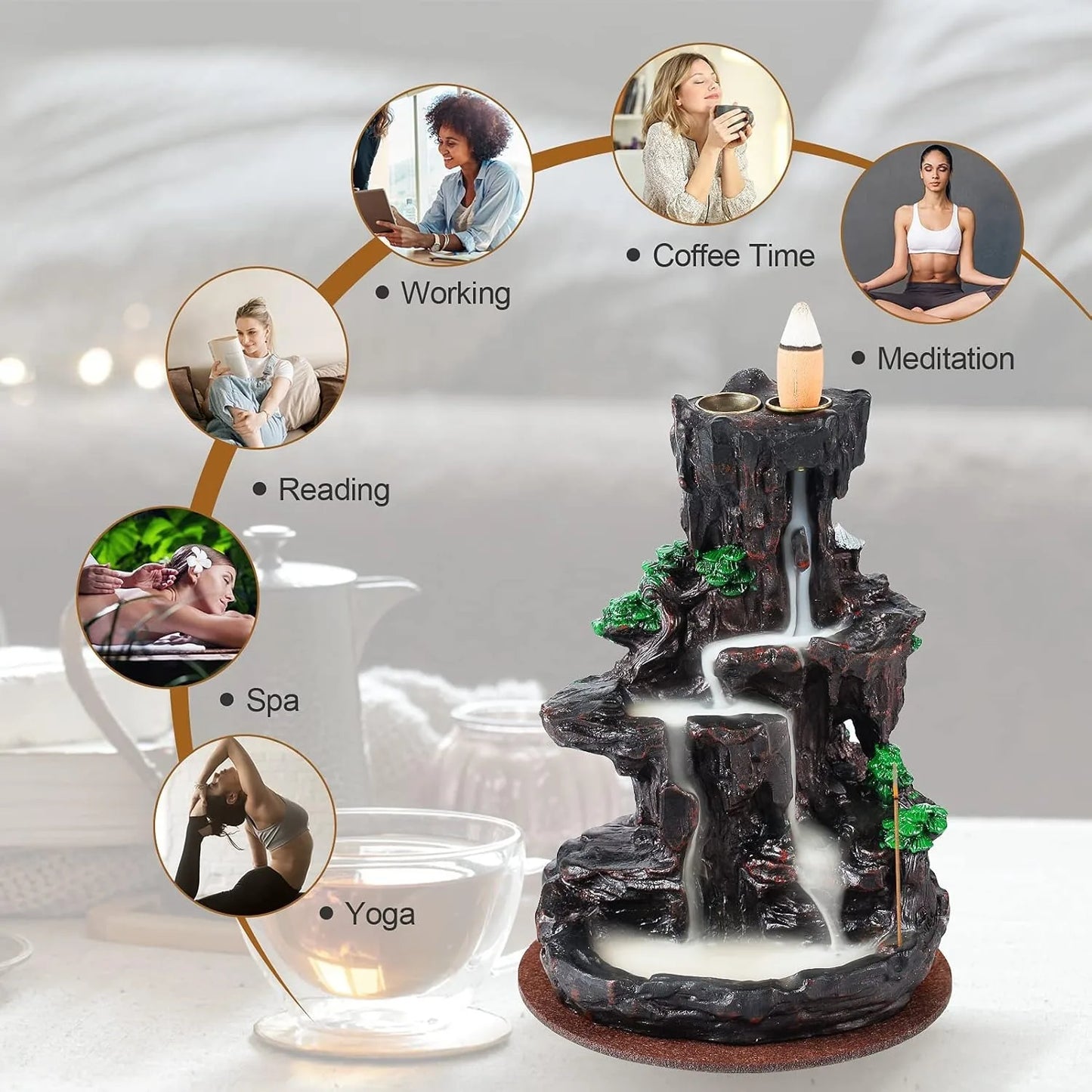 Incense Burner, Backflow Incense Holder 2 sides Waterfall I