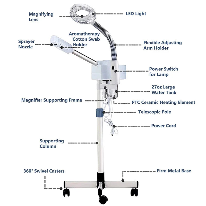 2 in 1 Facial Steamer  Facial Steamer on Wheels with 5X Magnifying Lamp