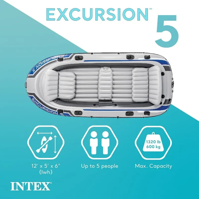 Excursion 5 Person Inflatable Outdoor Fishing Raft Boat Set