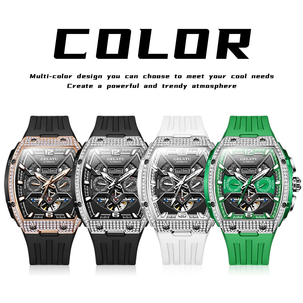 Full Diamond Men's Watches Flywheel Design Dual Calendar