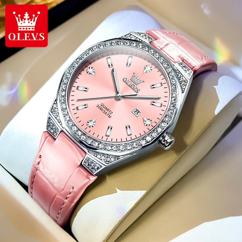 Women's Watches Pink   Leather Strap Waterproof Full Diamond