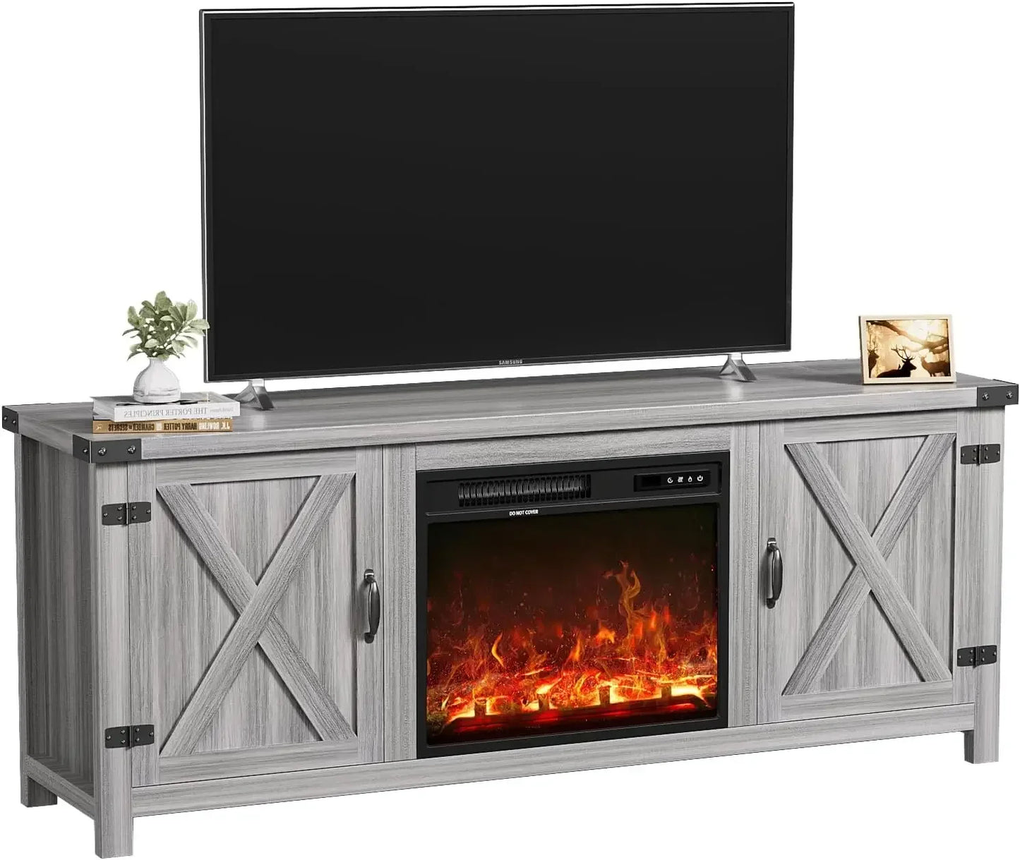 Fireplace TV Stand with Two Doors and Storage Cabinets