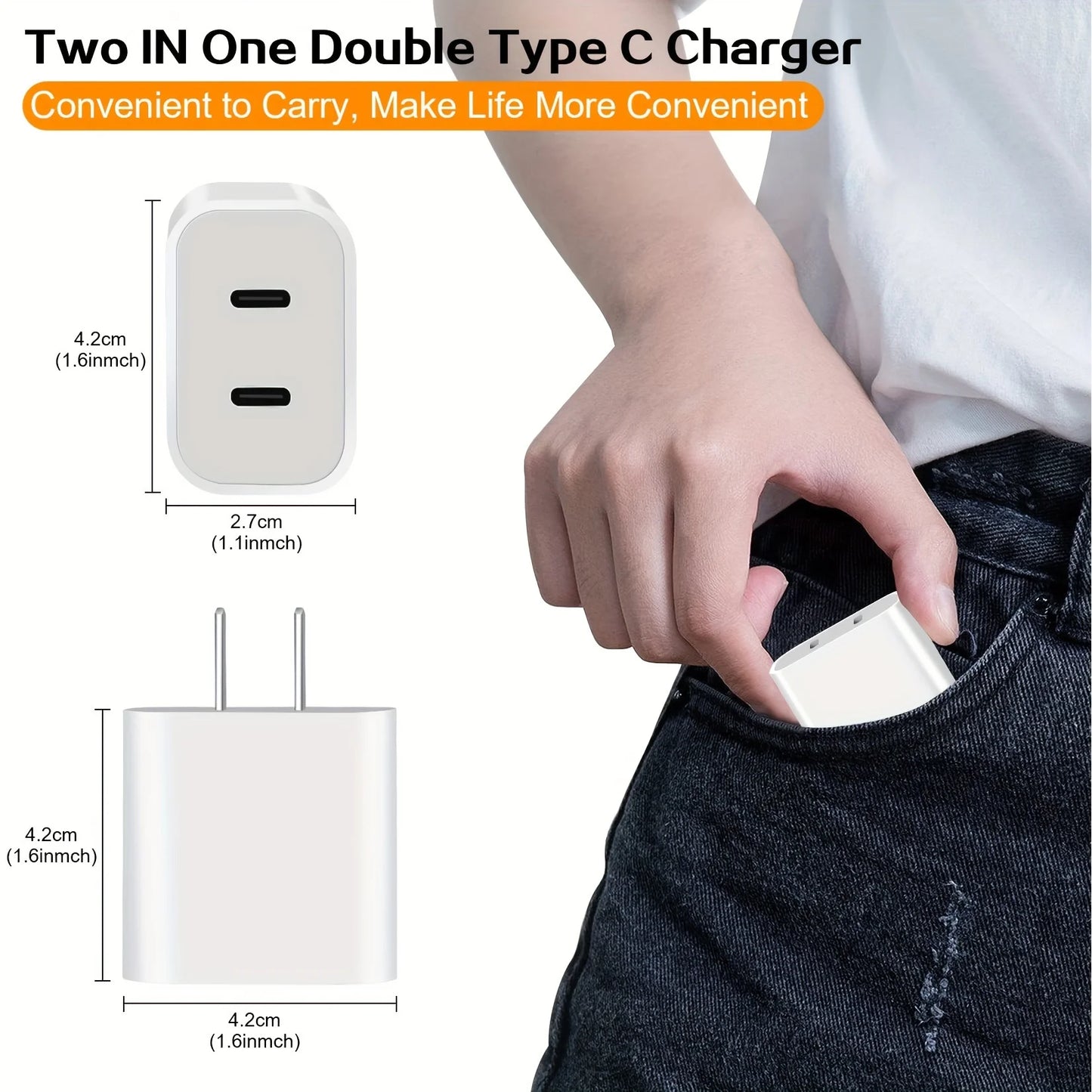 2Pack 40WPD Dual Port Charger Fast Charging With 10FT