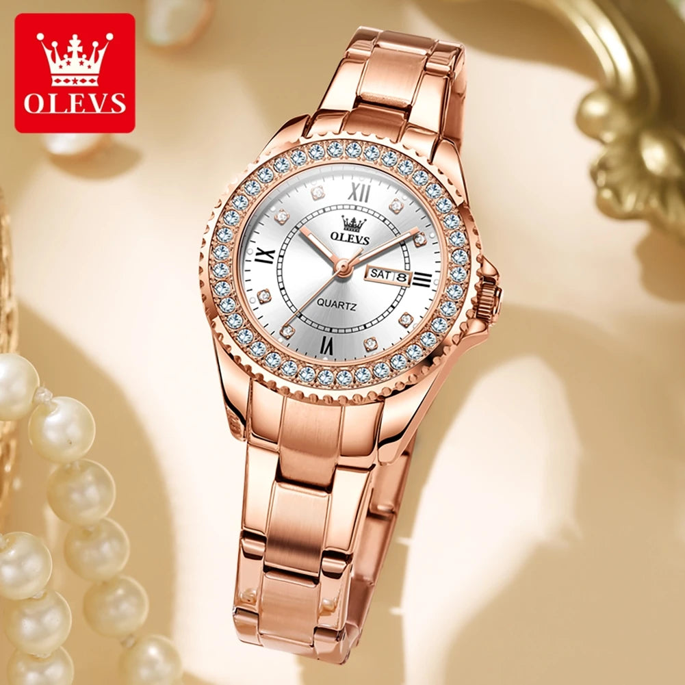 Diamond Quartz Watch for Women Stainless Steel Waterproof Luminous