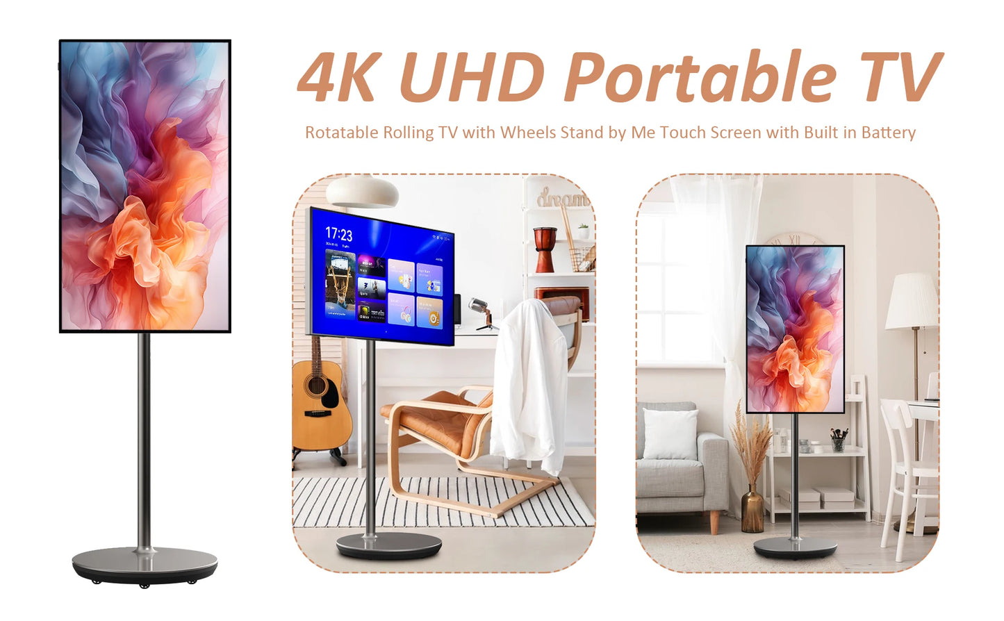 27" Portable TV on Wheels, Smart Wireless Portable Monitor Touch Screen,