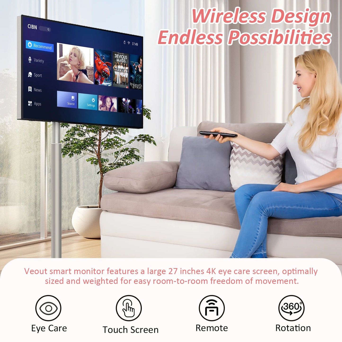 27" Portable TV on Wheels, Smart Wireless Portable Monitor Touch Screen,