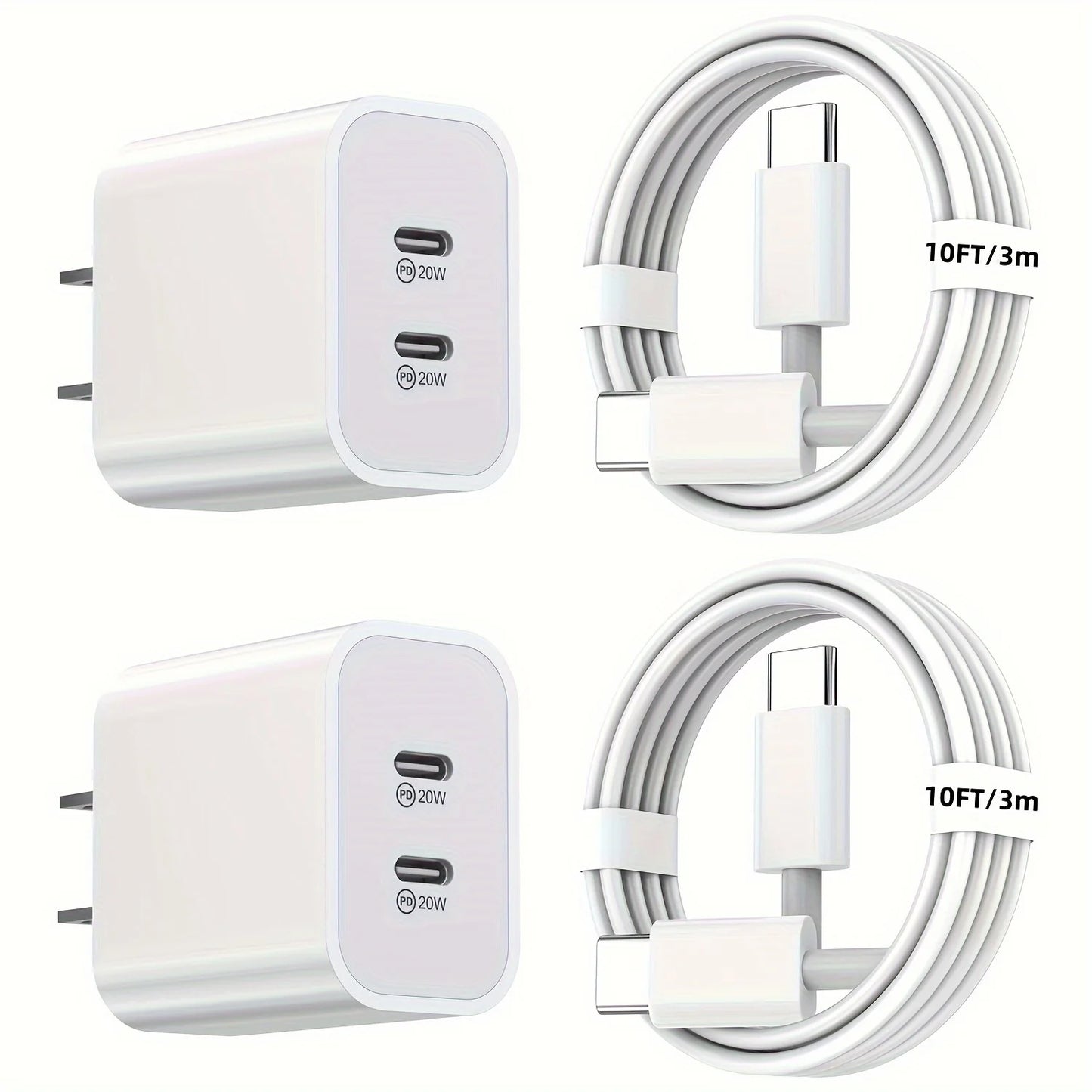 2Pack 40WPD Dual Port Charger Fast Charging With 10FT