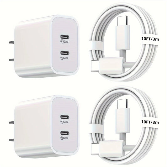2Pack 40WPD Dual Port Charger Fast Charging With 10FT