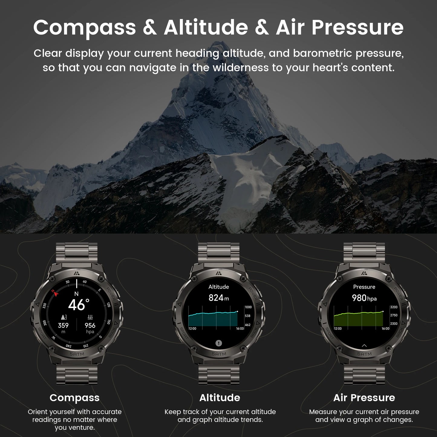 GPS Smart Watch For Men Compass Altimeter Altitude Stainless Steel