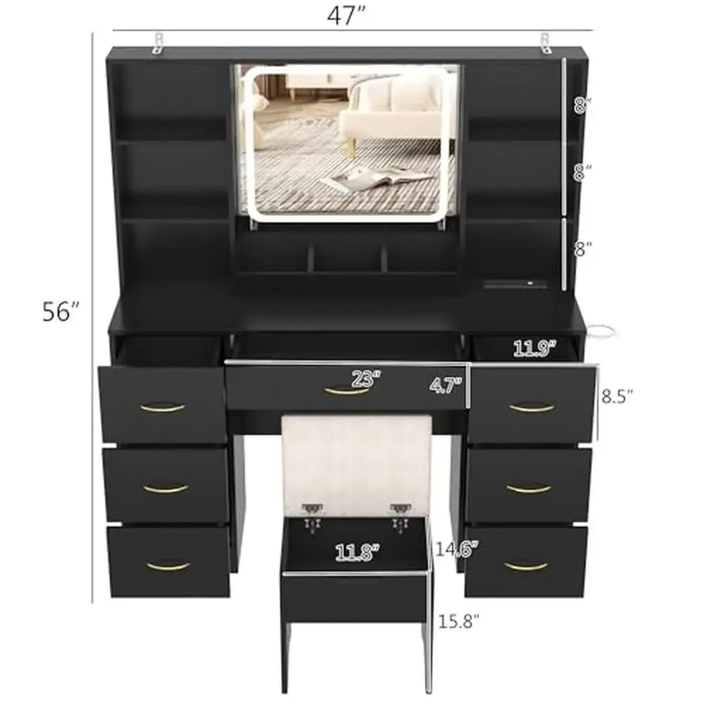 Black 47" Large Vanity Desk 7 Drawers Cushion Stool