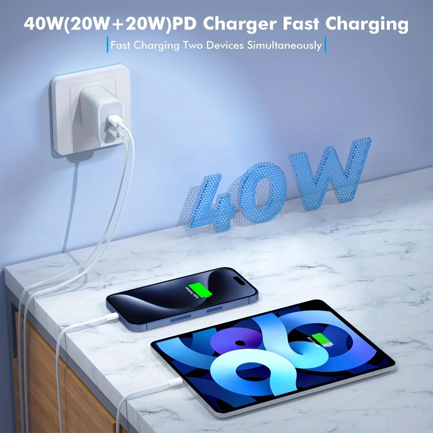2Pack 40WPD Dual Port Charger Fast Charging With 10FT