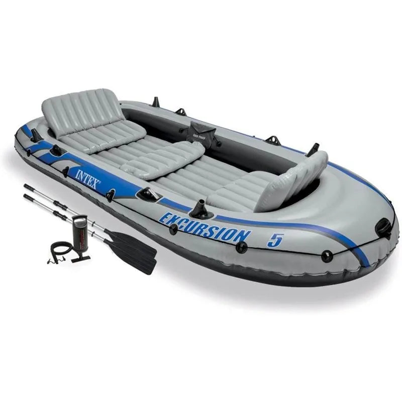 Excursion 5 Person Inflatable Outdoor Fishing Raft Boat Set