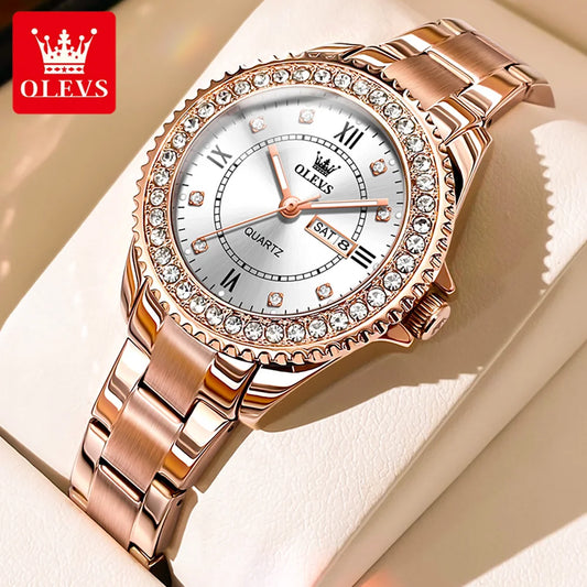 Diamond Quartz Watch for Women Stainless Steel Waterproof Luminous