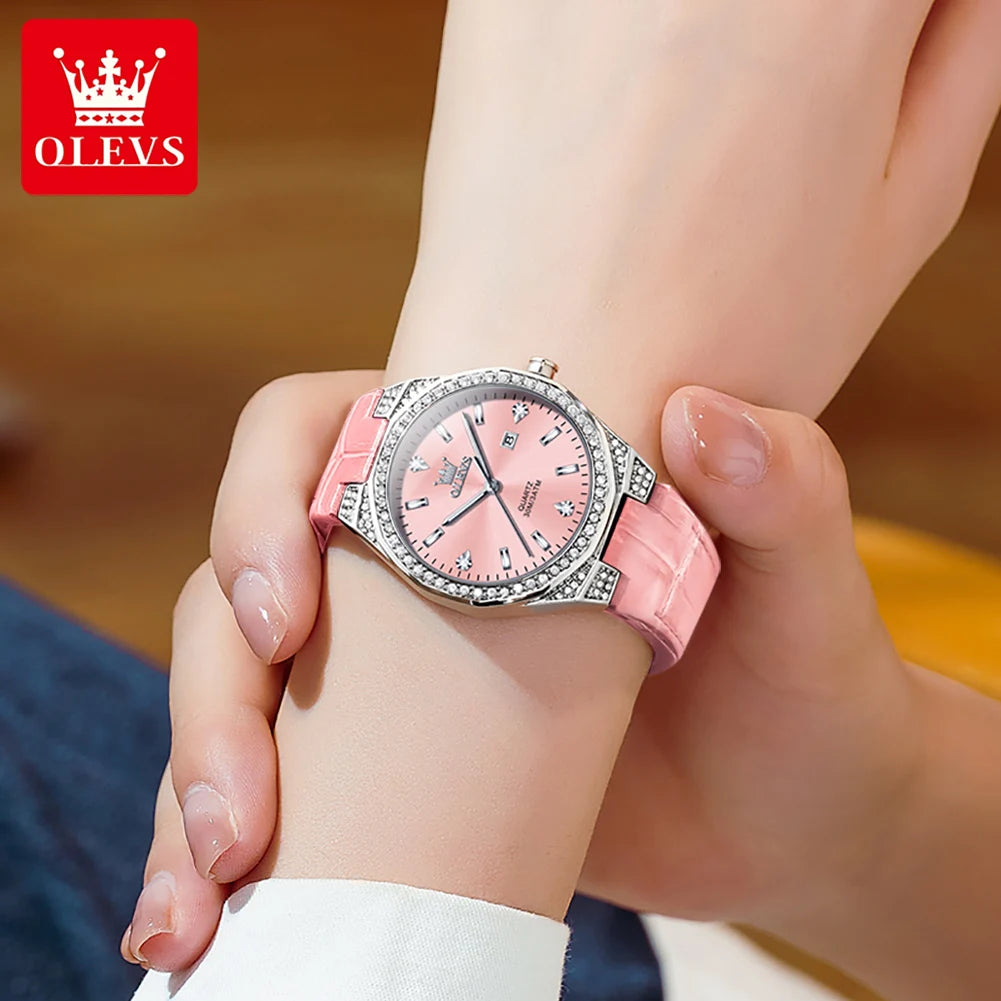 Women's Watches Pink   Leather Strap Waterproof Full Diamond