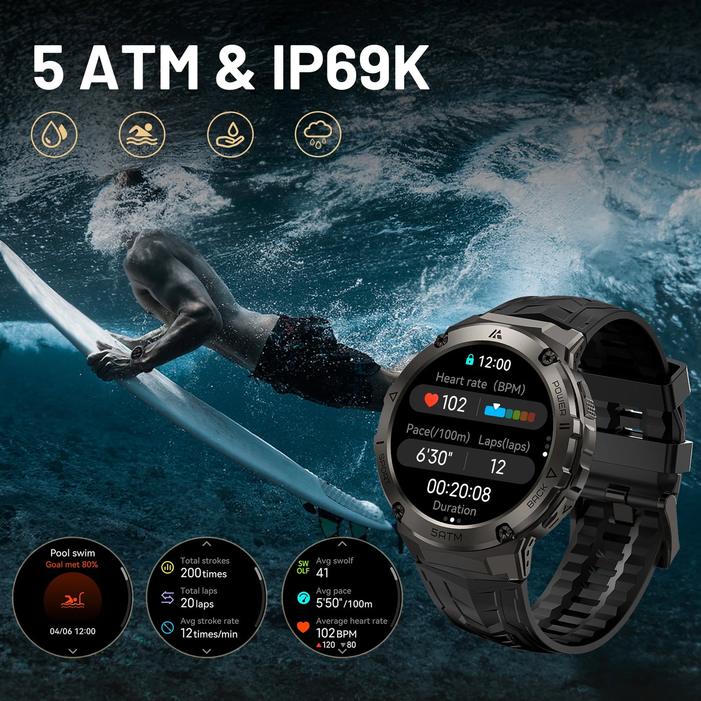 GPS Smart Watch For Men Compass Altimeter Altitude Stainless Steel