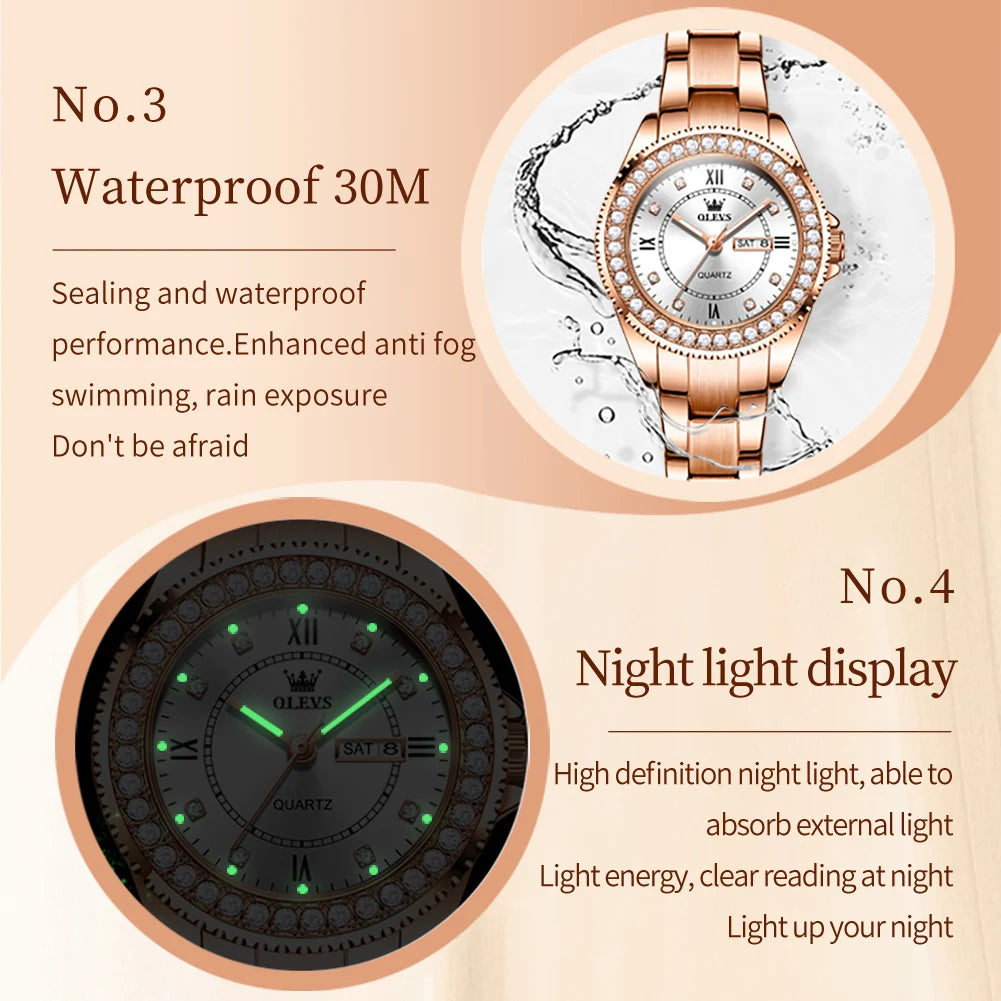 Diamond Quartz Watch for Women Stainless Steel Waterproof Luminous