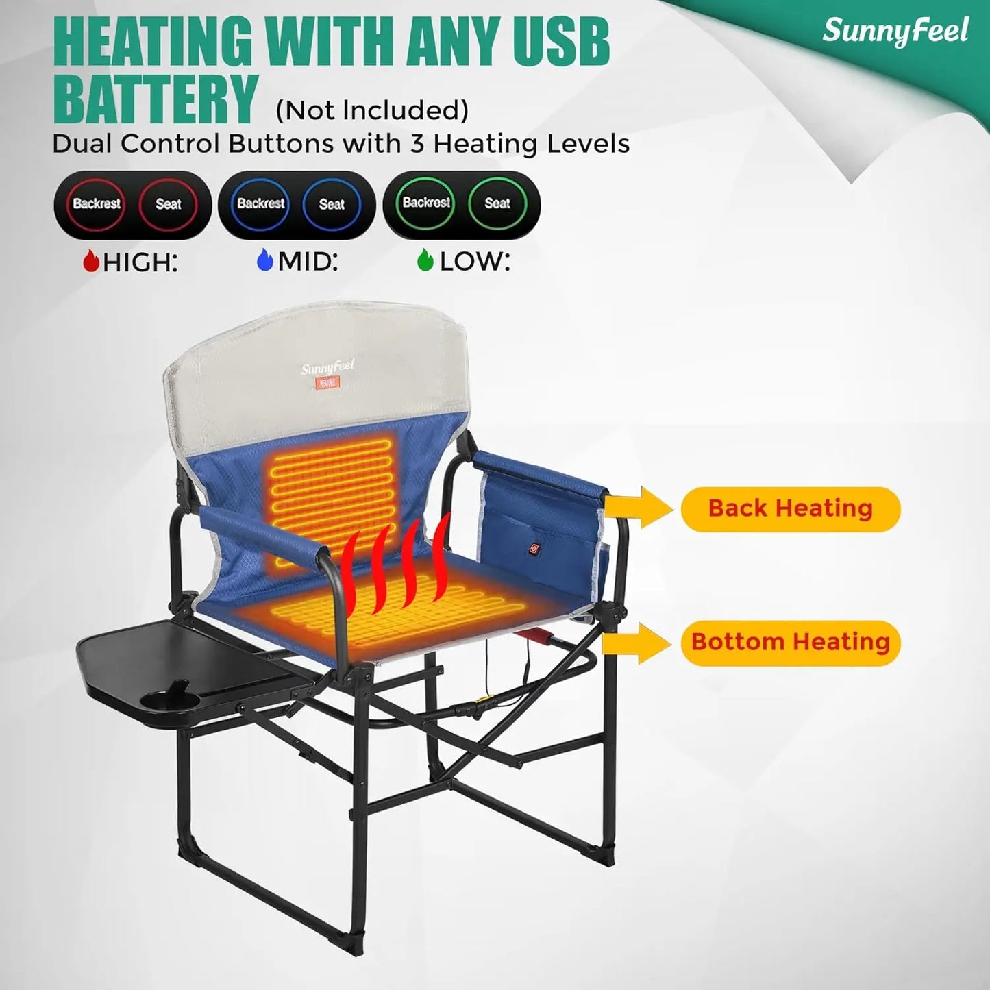 Heated Camping Directors Chair, Heavy Duty,Oversized Portable