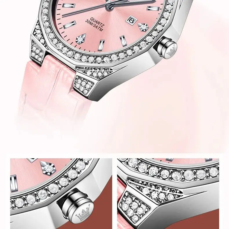 Women's Watches Pink   Leather Strap Waterproof Full Diamond