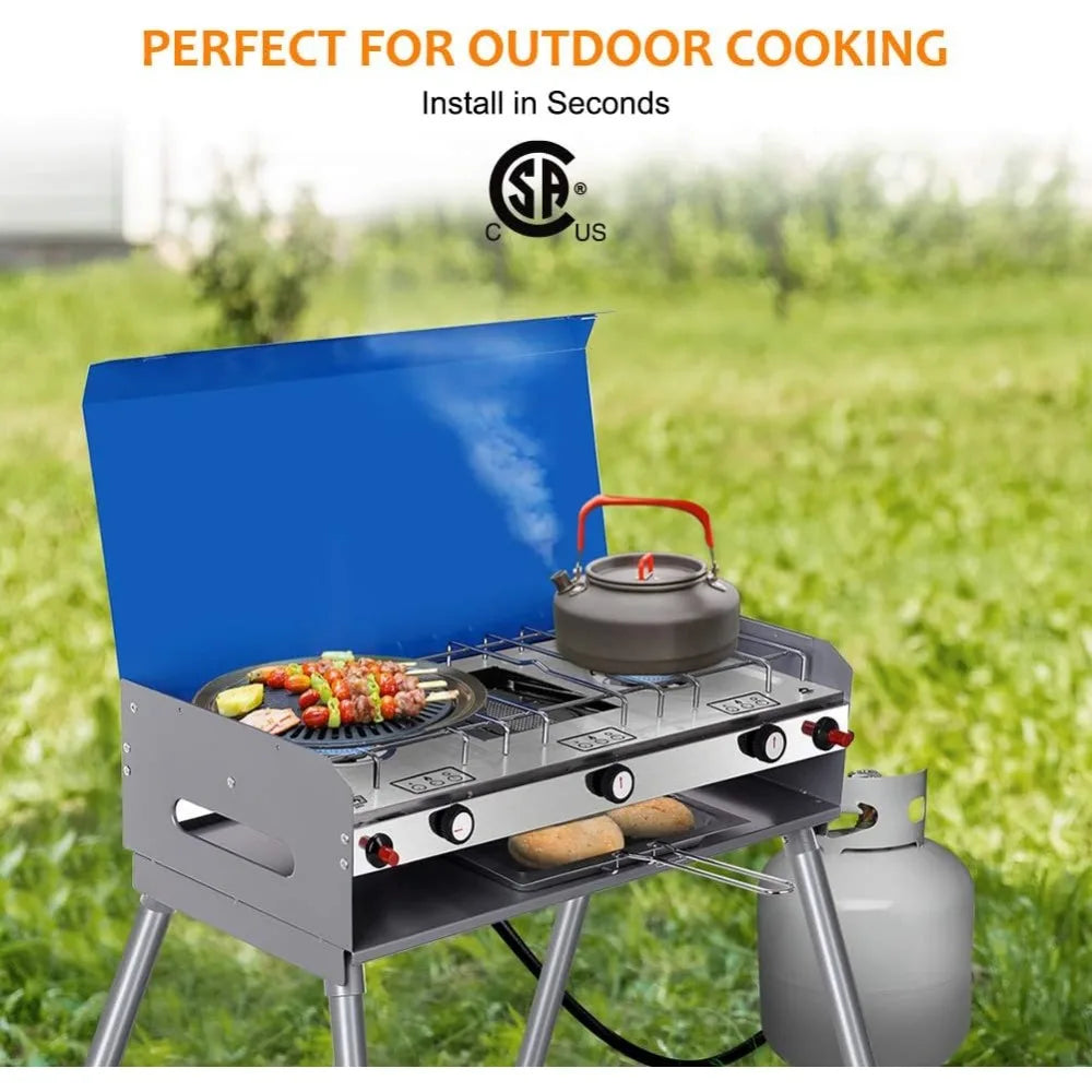 Stove 2 Burners & 1 Grill, Portable Outdoor Gas Stove,