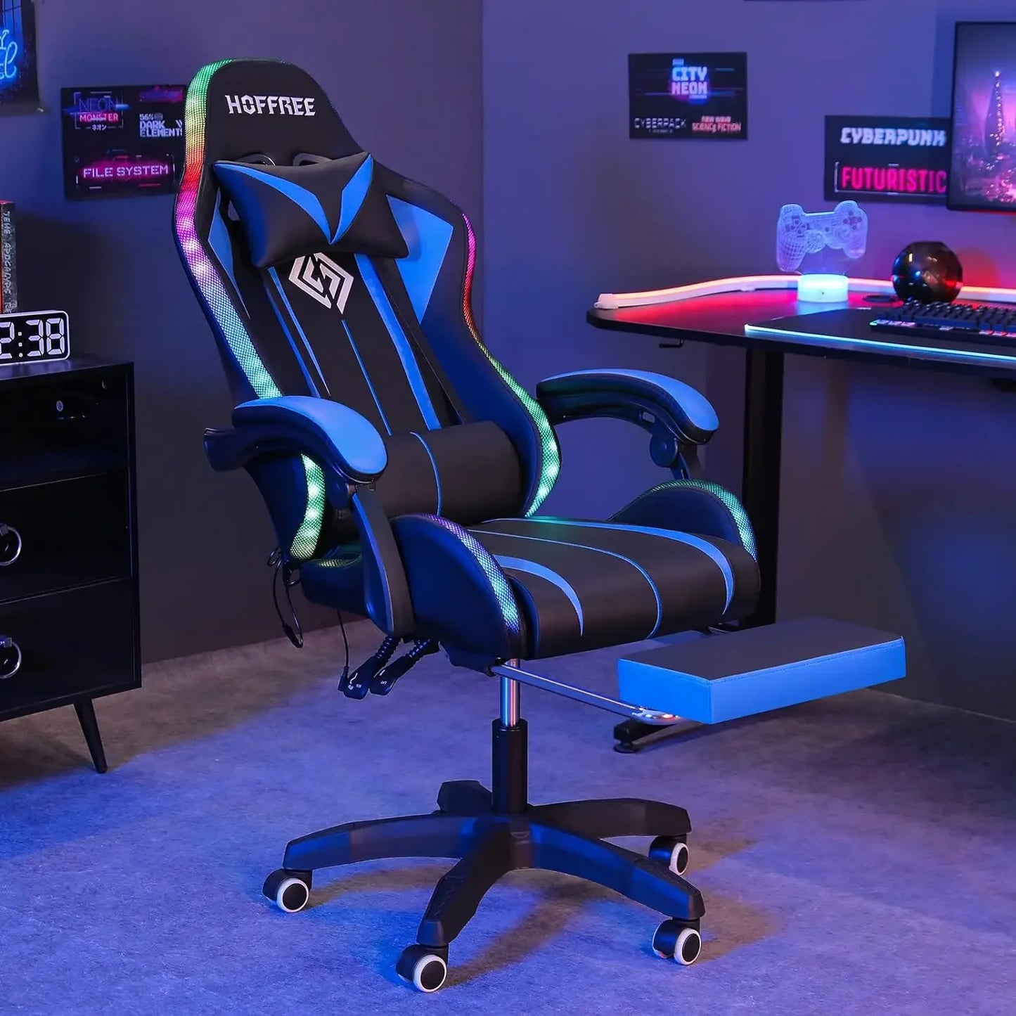 Gaming Chair with Bluetooth Speakers and  LED Lights Ergonomic Massage