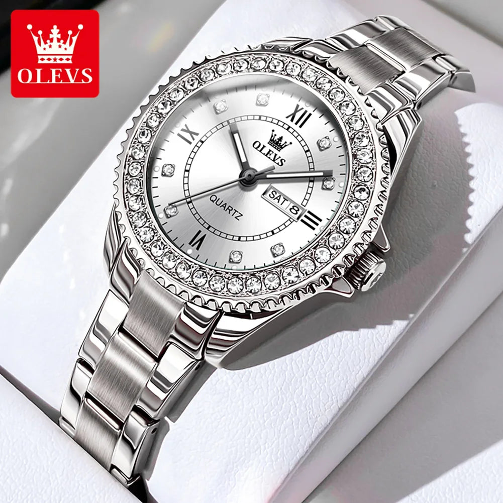 Diamond Quartz Watch for Women Stainless Steel Waterproof Luminous
