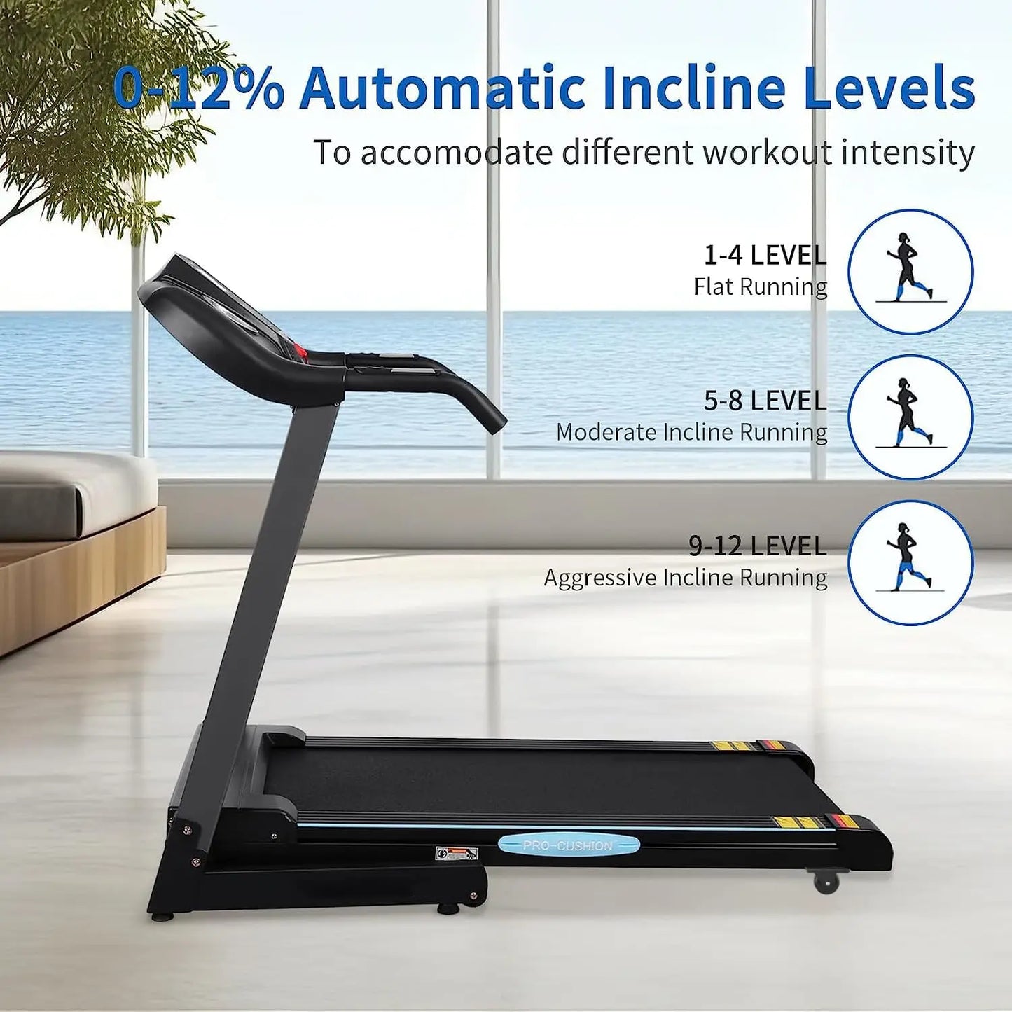 Treadmill with Auto Incline Folding Treadmill 12% Incline