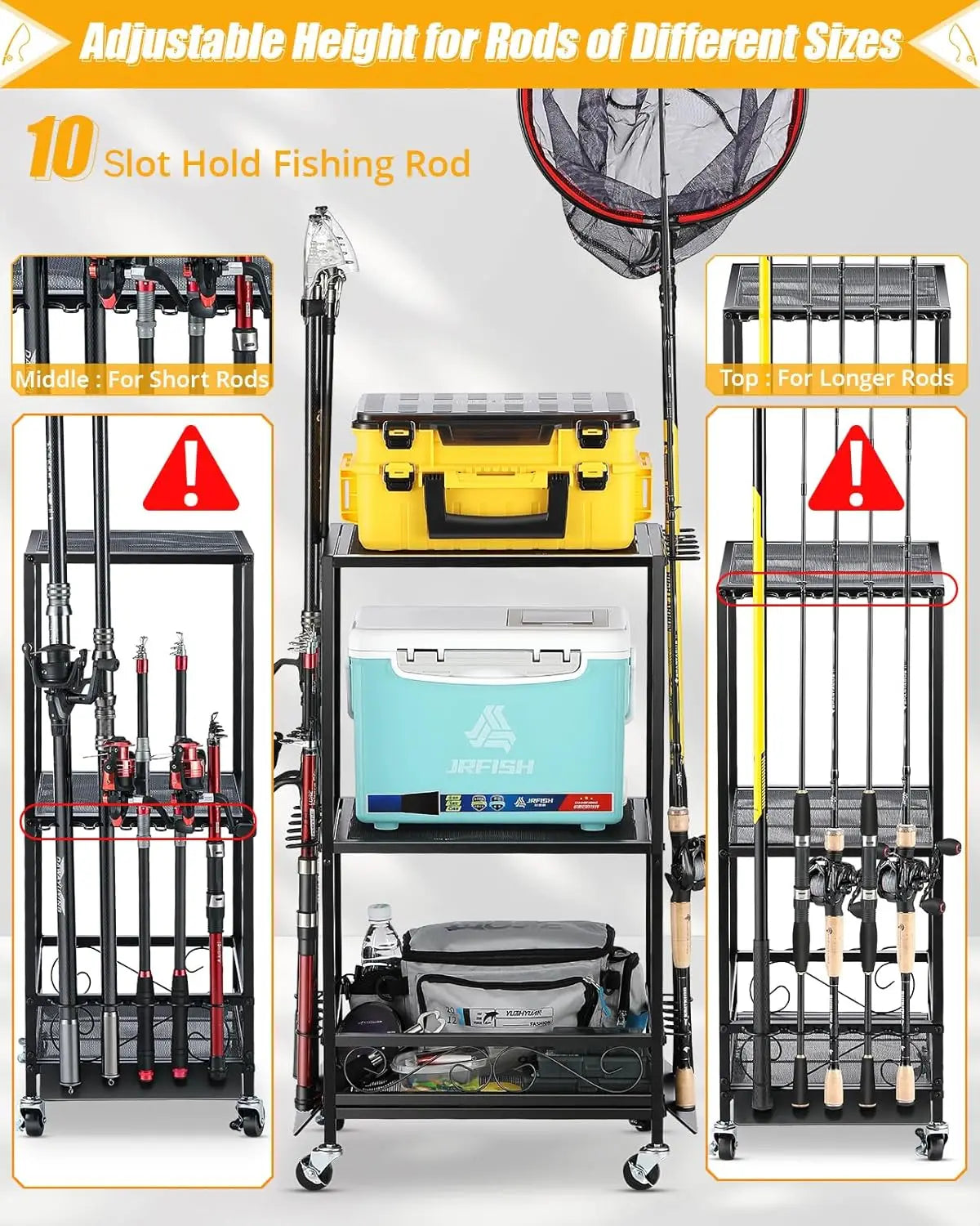 Fishing Pole Rack for 10 Rods - Adjustable Height Fishing Gear