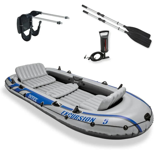Excursion 5 Person Inflatable Outdoor Fishing Raft Boat Set