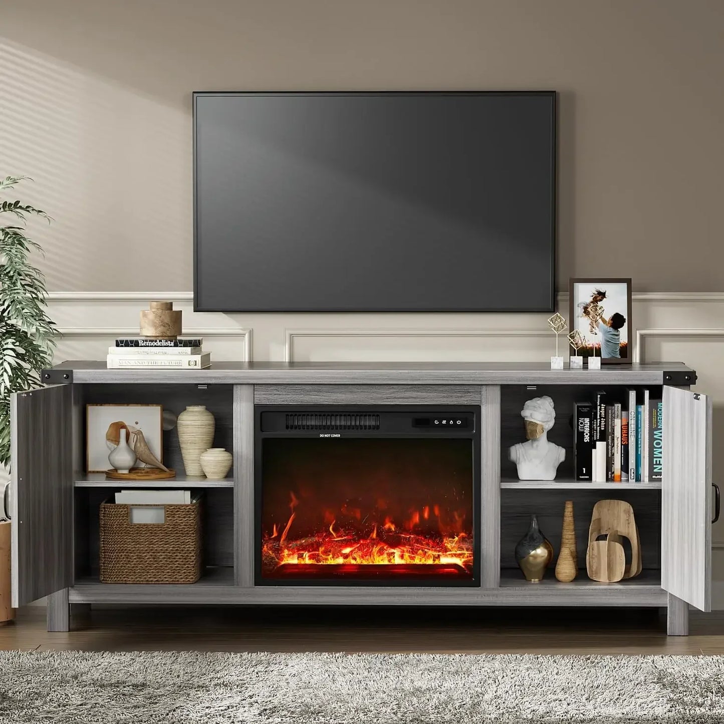 Fireplace TV Stand with Two Doors and Storage Cabinets