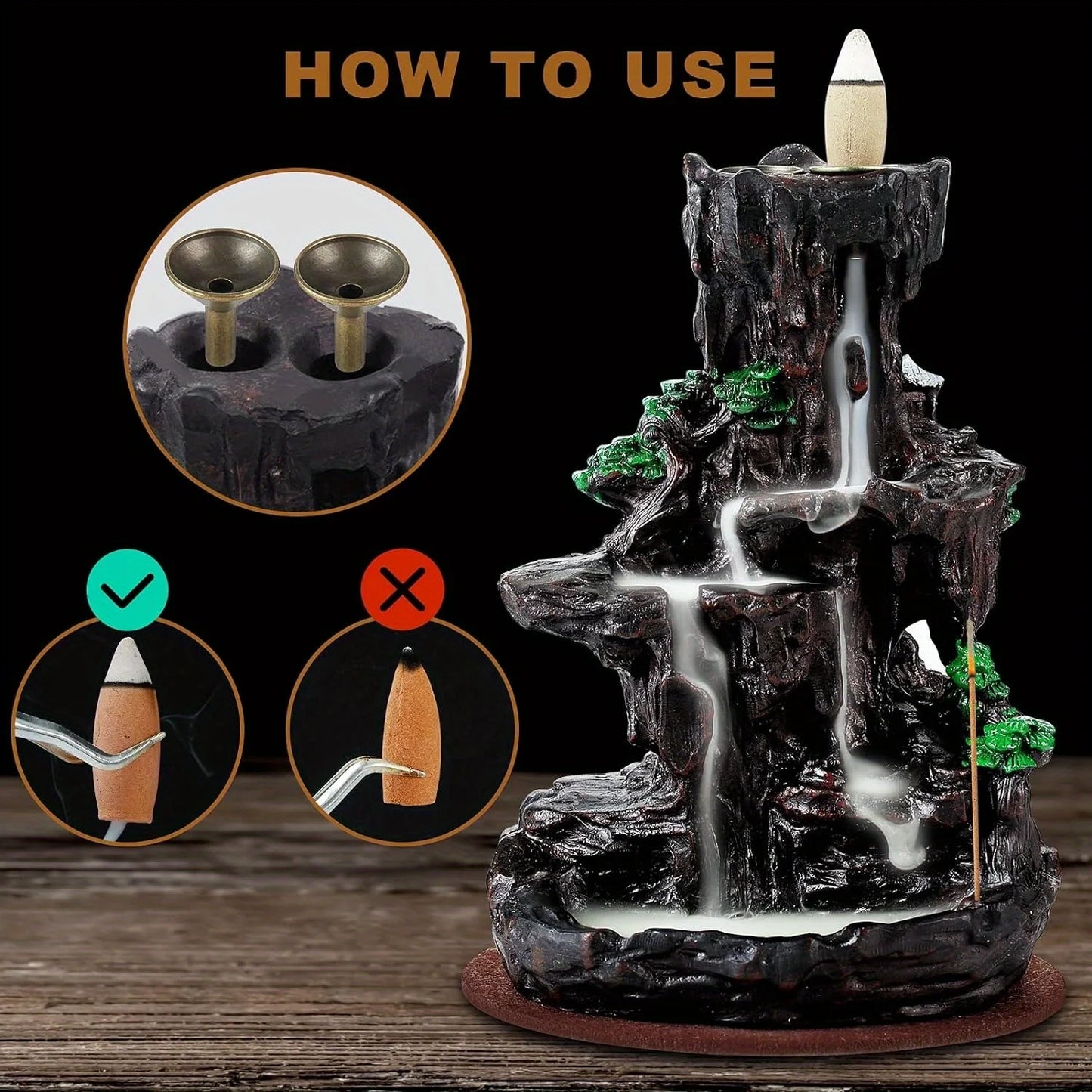 Incense Burner, Backflow Incense Holder 2 sides Waterfall I