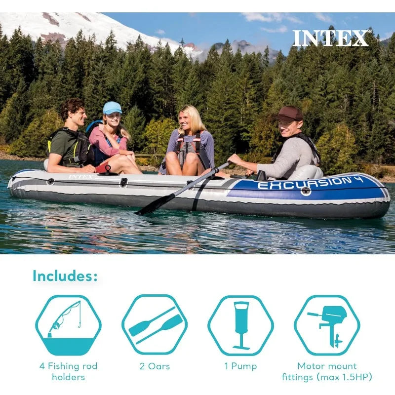Excursion 5 Person Inflatable Outdoor Fishing Raft Boat Set