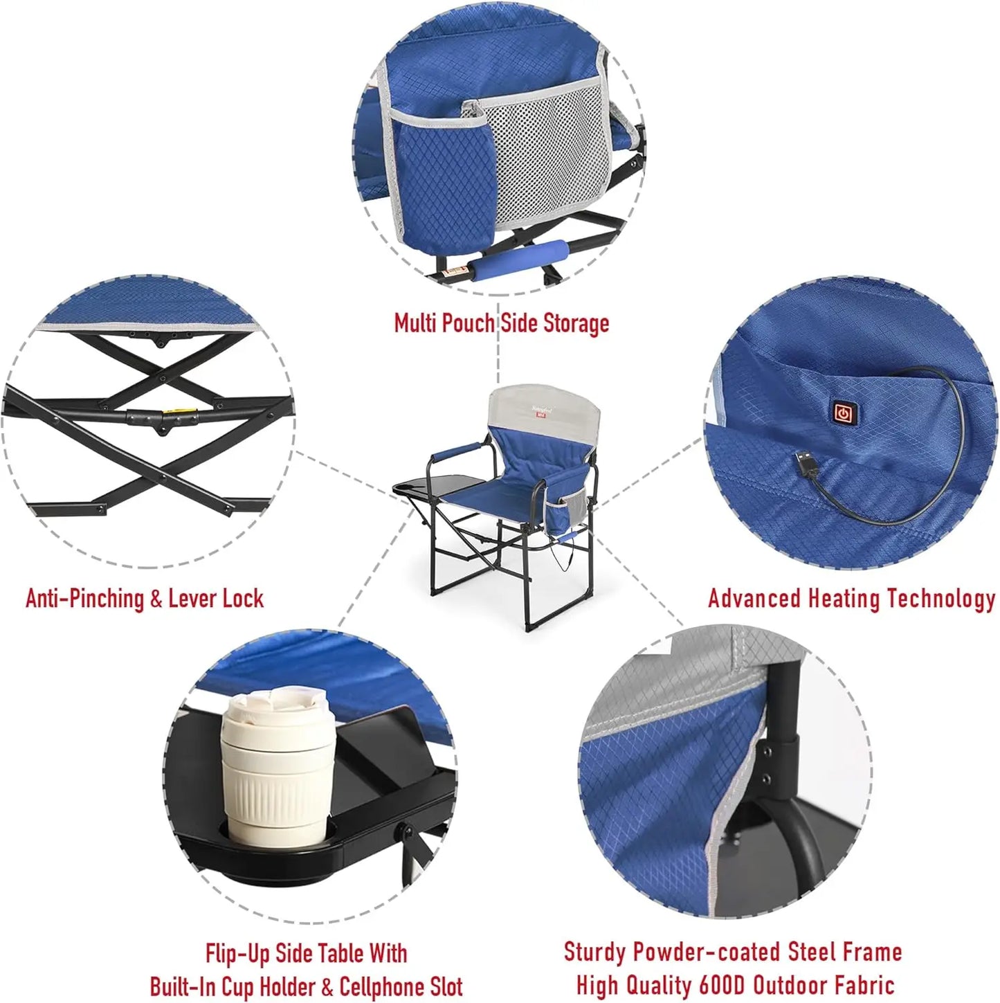 Heated Camping Directors Chair, Heavy Duty,Oversized Portable